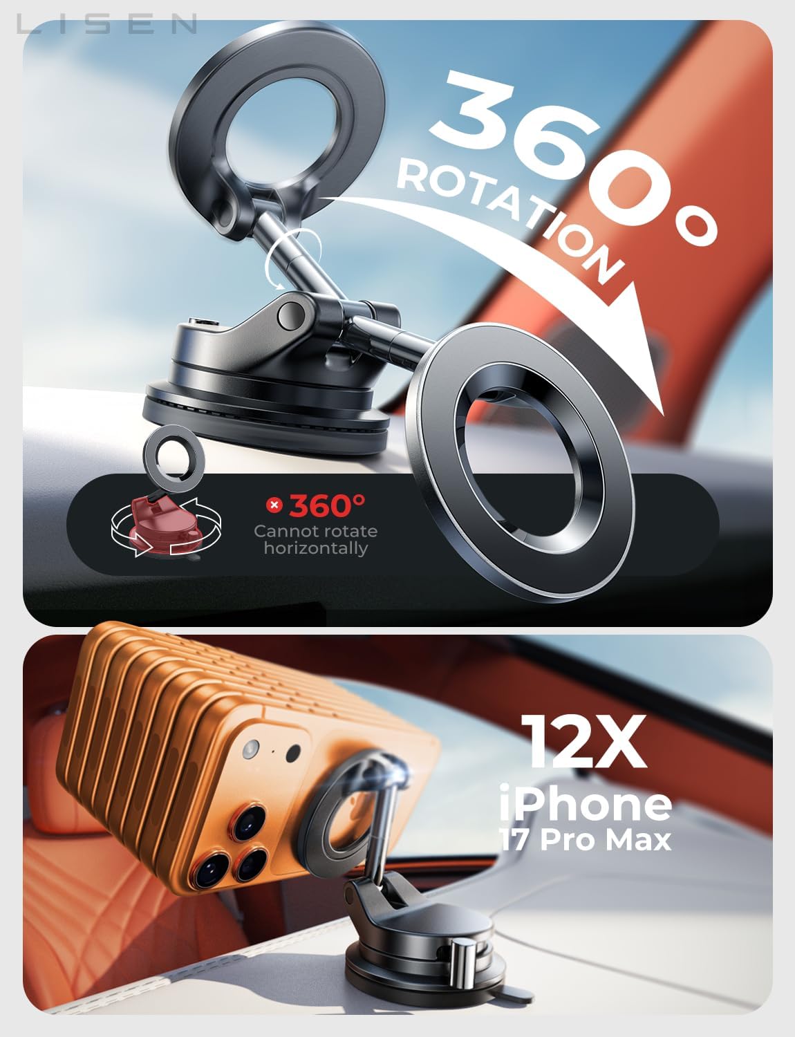 LISEN for Magsafe Car Mount, Magnetic Phone Holders for Your Car, Vacuum Phone Mount for Car Accessories for Men Women Interior Jeep BMW, SuctionPro Gifts Kits, for iPhone 17 16 15 14 13 12 Pro Max